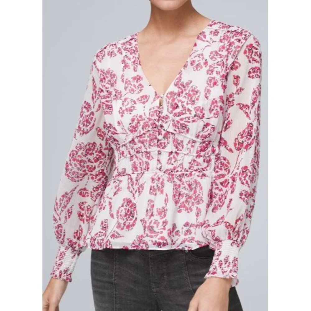 White House Black Market Floral-Print Fitted-Waist Blouse Pink White - Size M